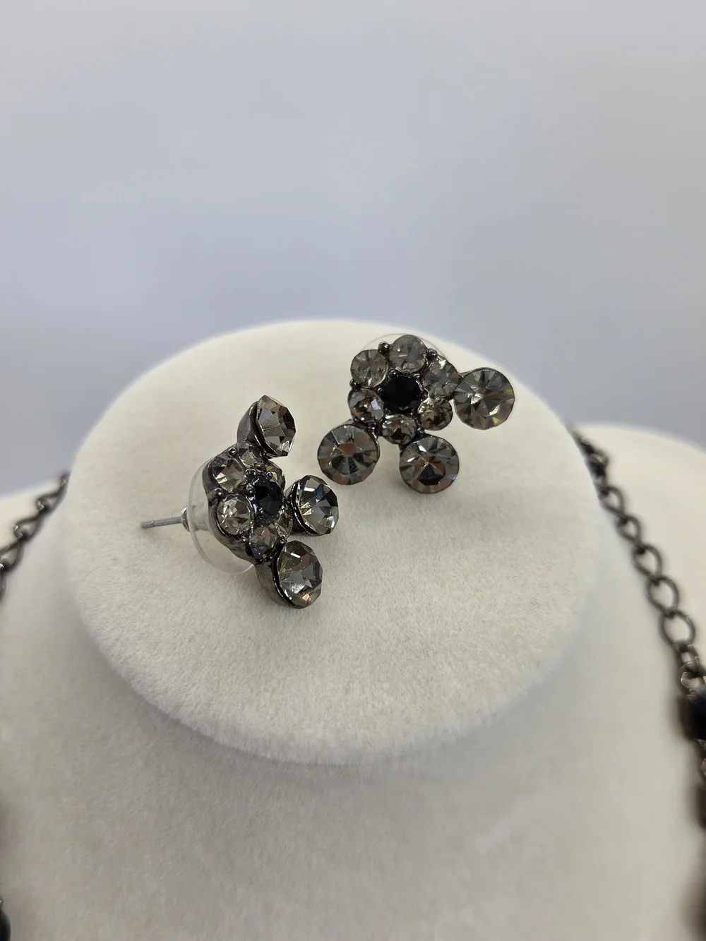 Elegant Black and Crystal Statement Necklace and Earrings Set, Vintage